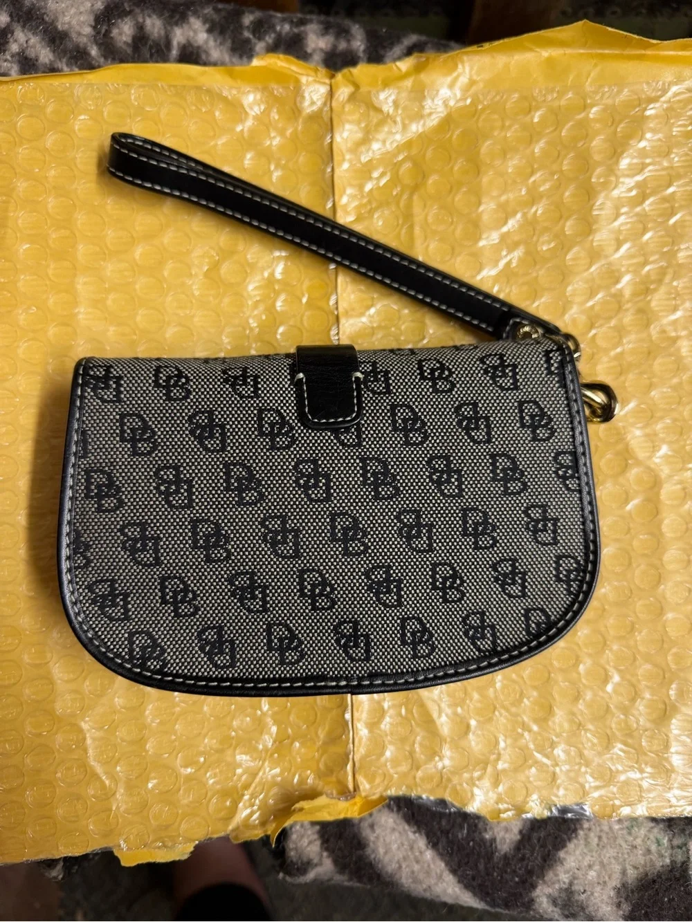 Dooney & Bourke Black Logo Wristlet Clutch with Gold Hardware